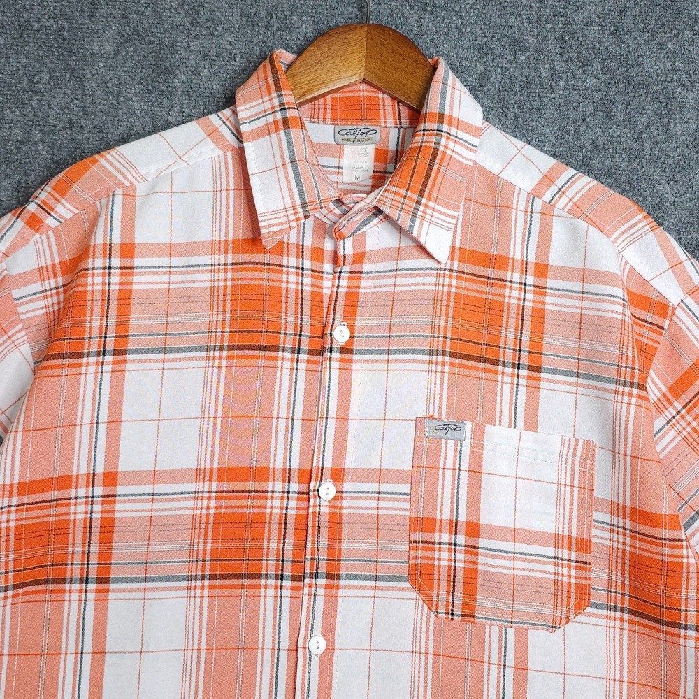 Vintage Caltop Button Up Shirt Mens Medium Plaid Orange White Short Sleeve Cholo